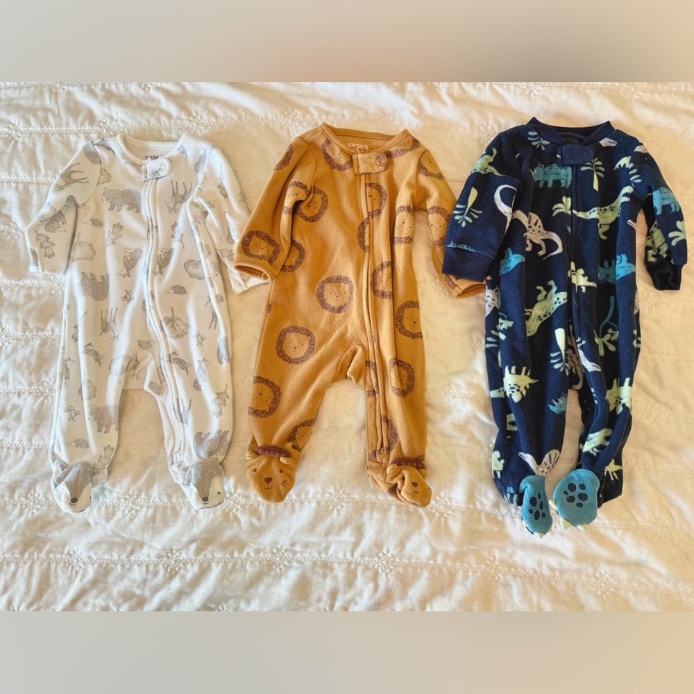 Set of three fleece pajamas with fun creature footies, size 3 months